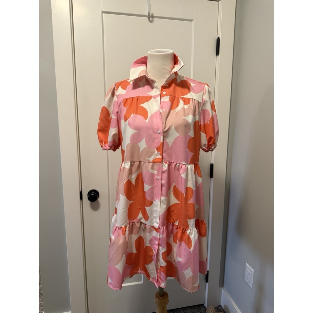 Orange and Pink Daisy Button Flowy Dress Women's Medium - Picture 2 of 5